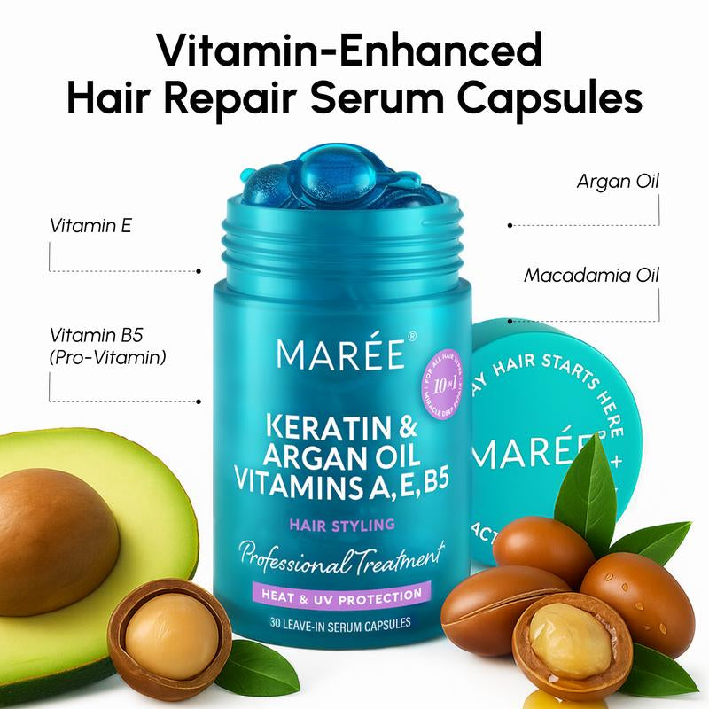 Keratin Hair Styling Serum Maree with Avocado Jojoba & Argan Oil for Frizzy Dry Hair - 30 Leave-In Capsules Moisturize Smooth & Protect Heat UV