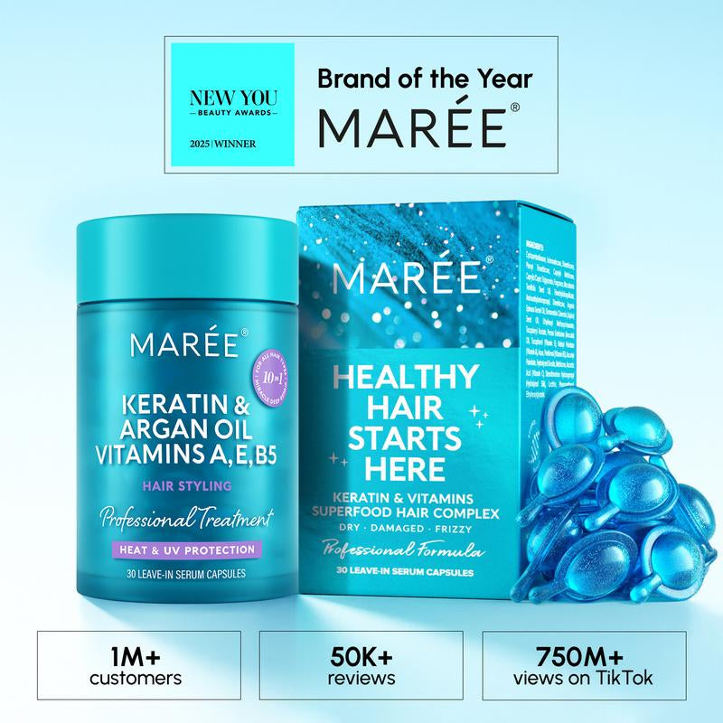 Keratin Hair Styling Serum Maree with Avocado Jojoba & Argan Oil for Frizzy Dry Hair - 30 Leave-In Capsules Moisturize Smooth & Protect Heat UV